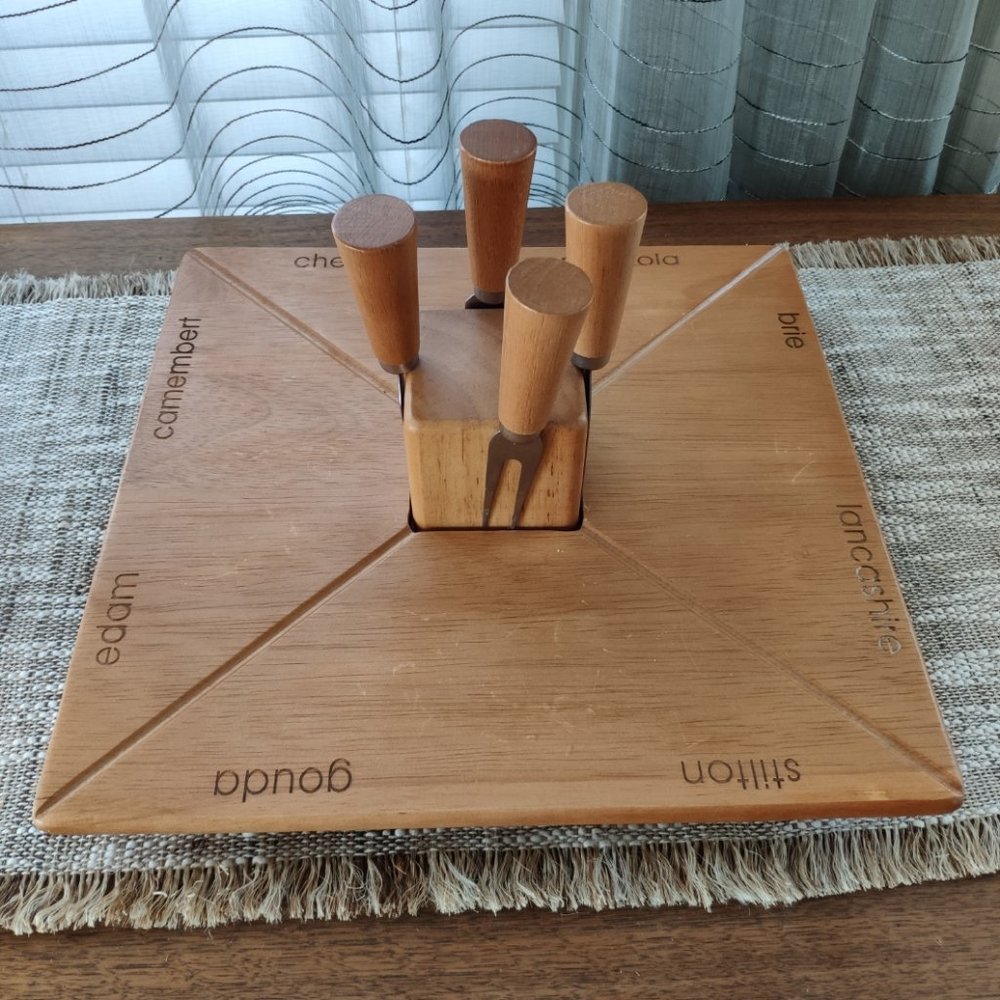 Wooden Lazy Susan Cutting Board Torre and Tagus VTG Cheese Board with Knives 13"